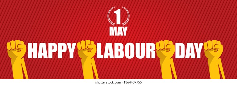 Happy labour day vector label with strong orange fist isolated on red horizontal background. vector happy labor day background or horizontal banner with man hand. red workers may day poster