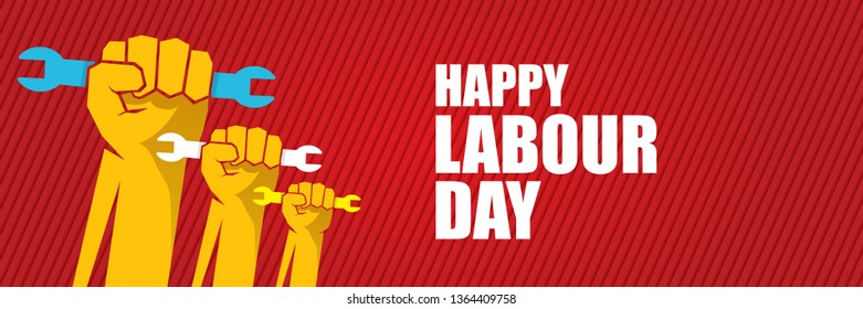 Happy labour day vector label with strong orange fist isolated on red horizontal background. vector happy labor day background or horizontal banner with man hand. red workers may day poster