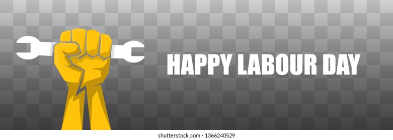 Happy labour day vector label with strong orange fist isolated on transparent horizontal background. vector happy labor day background or horizontal banner with man hand.  workers may day poster