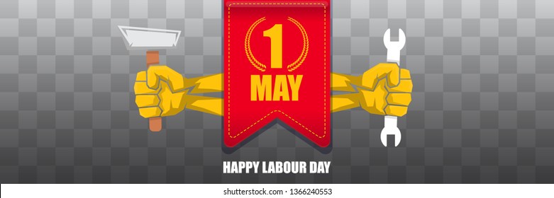 Happy labour day vector label with strong orange fist isolated on transparent horizontal background. vector happy labor day background or horizontal banner with man hand.  workers may day poster