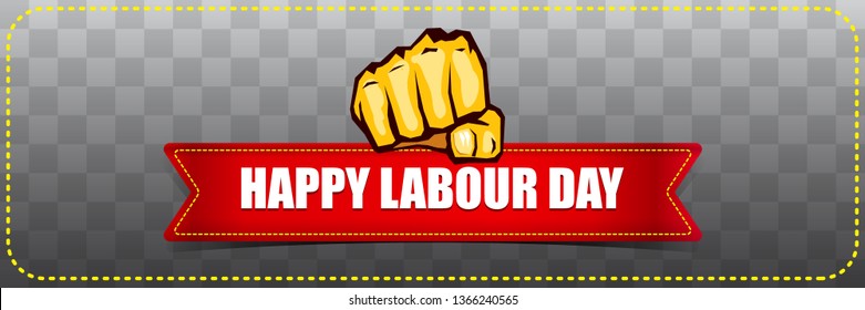 Happy labour day vector label with strong orange fist isolated on transparent horizontal background. vector happy labor day background or horizontal banner with man hand.  workers may day poster