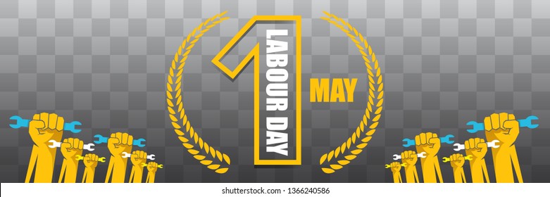 Happy labour day vector label with strong orange fist isolated on transparent horizontal background. vector happy labor day background or horizontal banner with man hand.  workers may day poster