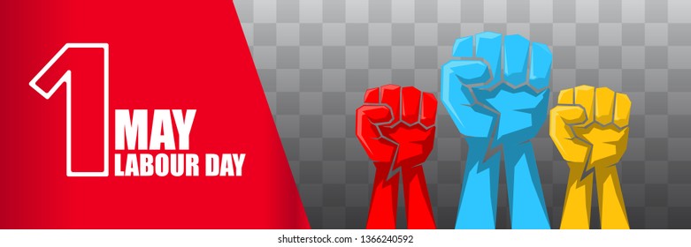 Happy labour day vector label with strong orange fist isolated on transparent horizontal background. vector happy labor day background or horizontal banner with man hand.  workers may day poster