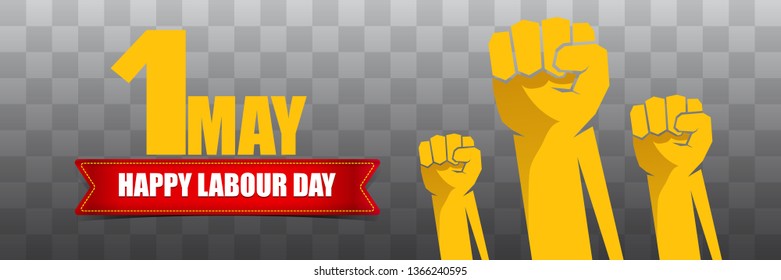 Happy labour day vector label with strong orange fist isolated on transparent horizontal background. vector happy labor day background or horizontal banner with man hand.  workers may day poster
