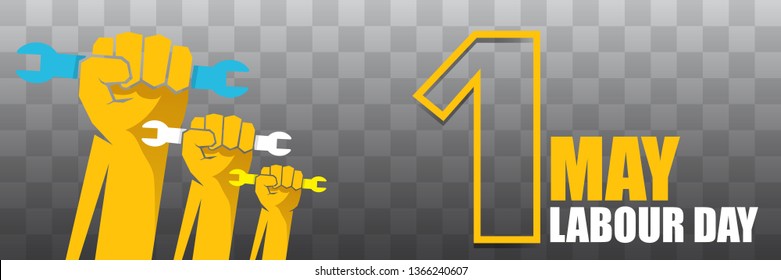 Happy labour day vector label with strong orange fist isolated on transparent horizontal background. vector happy labor day background or horizontal banner with man hand.  workers may day poster