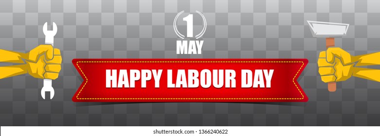 Happy labour day vector label with strong orange fist isolated on transparent horizontal background. vector happy labor day background or horizontal banner with man hand.  workers may day poster
