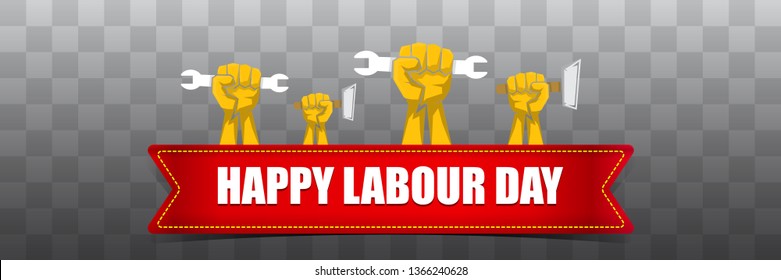 Happy labour day vector label with strong orange fist isolated on transparent horizontal background. vector happy labor day background or horizontal banner with man hand.  workers may day poster
