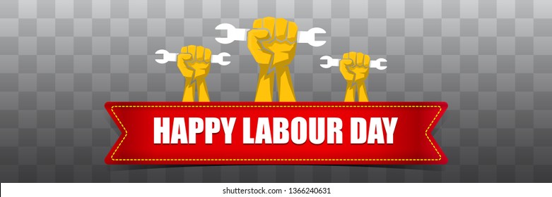 Happy labour day vector label with strong orange fist isolated on transparent horizontal background. vector happy labor day background or horizontal banner with man hand.  workers may day poster