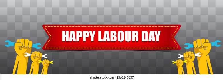 Happy labour day vector label with strong orange fist isolated on transparent horizontal background. vector happy labor day background or horizontal banner with man hand.  workers may day poster