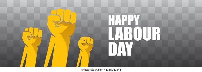 Happy labour day vector label with strong orange fist isolated on transparent horizontal background. vector happy labor day background or horizontal banner with man hand.  workers may day poster