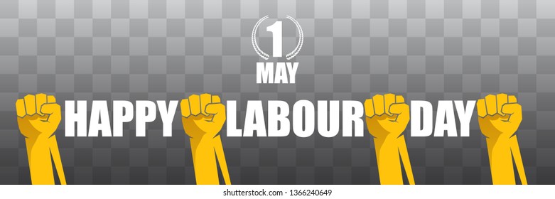 Happy labour day vector label with strong orange fist isolated on transparent horizontal background. vector happy labor day background or horizontal banner with man hand.  workers may day poster