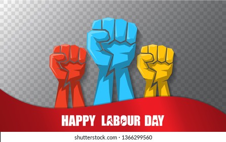 Happy labour day vector label with strong orange fist isolated on transparent horizontal background. vector happy labor day background or horizontal banner with man hand. red workers may day poster