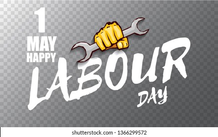 Happy labour day vector label with strong orange fist isolated on transparent horizontal background. vector happy labor day background or horizontal banner with man hand. red workers may day poster