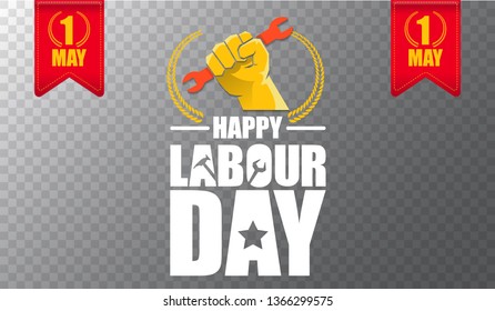 Happy labour day vector label with strong orange fist isolated on transparent horizontal background. vector happy labor day background or horizontal banner with man hand. red workers may day poster