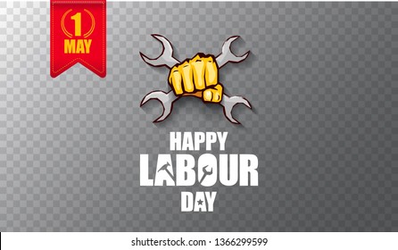 Happy labour day vector label with strong orange fist isolated on transparent horizontal background. vector happy labor day background or horizontal banner with man hand. red workers may day poster