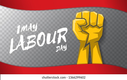 Happy labour day vector label with strong orange fist isolated on transparent horizontal background. vector happy labor day background or horizontal banner with man hand. red workers may day poster