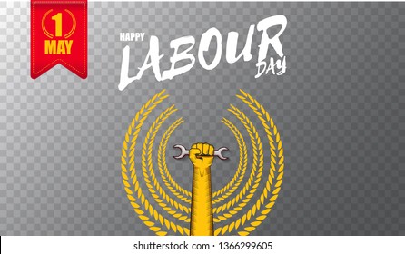 Happy labour day vector label with strong orange fist isolated on transparent horizontal background. vector happy labor day background or horizontal banner with man hand. red workers may day poster