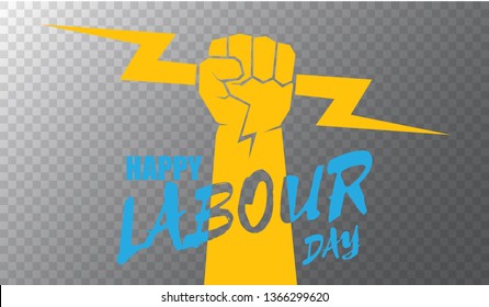 Happy labour day vector label with strong orange fist isolated on transparent horizontal background. vector happy labor day background or horizontal banner with man hand. red workers may day poster