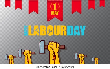 Happy labour day vector label with strong orange fist isolated on transparent horizontal background. vector happy labor day background or horizontal banner with man hand. red workers may day poster