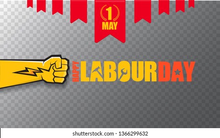 Happy labour day vector label with strong orange fist isolated on transparent horizontal background. vector happy labor day background or horizontal banner with man hand. red workers may day poster