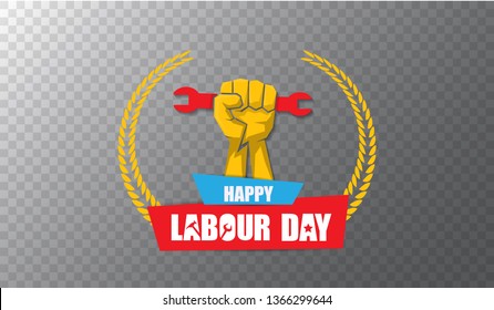 Happy labour day vector label with strong orange fist isolated on transparent horizontal background. vector happy labor day background or horizontal banner with man hand. red workers may day poster