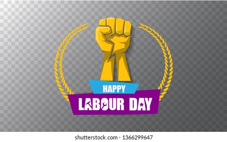 Happy labour day vector label with strong orange fist isolated on transparent horizontal background. vector happy labor day background or horizontal banner with man hand. red workers may day poster