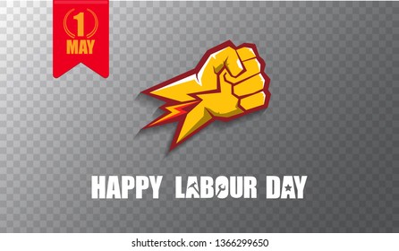Happy labour day vector label with strong orange fist isolated on transparent horizontal background. vector happy labor day background or horizontal banner with man hand. red workers may day poster