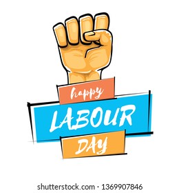 Happy labour day vector label with strong orange fist isolated on white background. vector happy labor day background with man hand. red workers may day poster