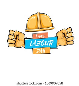 Happy labour day vector label with strong orange fist isolated on white background. vector happy labor day background with man hand. red workers may day poster