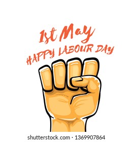 Happy labour day vector label with strong orange fist isolated on white background. vector happy labor day background with man hand. red workers may day poster
