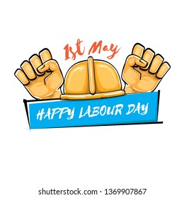 Happy labour day vector label with strong orange fist isolated on white background. vector happy labor day background with man hand. red workers may day poster