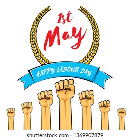 Happy labour day vector label with strong orange fist isolated on white background. vector happy labor day background with man hand. red workers may day poster