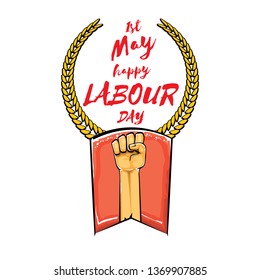 Happy labour day vector label with strong orange fist isolated on white background. vector happy labor day background with man hand. red workers may day poster