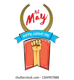 Happy labour day vector label with strong orange fist isolated on white background. vector happy labor day background with man hand. red workers may day poster