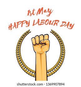 Happy labour day vector label with strong orange fist isolated on white background. vector happy labor day background with man hand. red workers may day poster