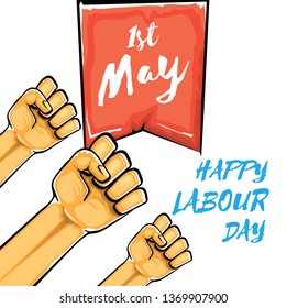 Happy labour day vector label with strong orange fist isolated on white background. vector happy labor day background with man hand. red workers may day poster