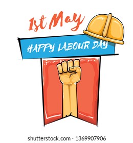 Happy labour day vector label with strong orange fist isolated on white background. vector happy labor day background with man hand. red workers may day poster