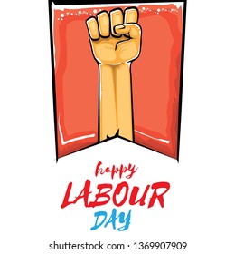 Happy labour day vector label with strong orange fist isolated on white background. vector happy labor day background with man hand. red workers may day poster