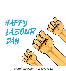 Happy labour day vector label with strong orange fist isolated on white background. vector happy labor day background with man hand. red workers may day poster