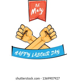 Happy labour day vector label with strong orange fist isolated on white background. vector happy labor day background with man hand. red workers may day poster