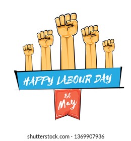 Happy labour day vector label with strong orange fist isolated on white background. vector happy labor day background with man hand. red workers may day poster