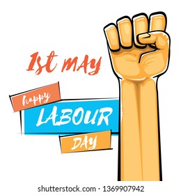 Happy labour day vector label with strong orange fist isolated on white background. vector happy labor day background with man hand. red workers may day poster