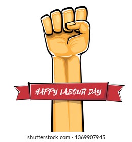 Happy labour day vector label with strong orange fist isolated on white background. vector happy labor day background with man hand. red workers may day poster