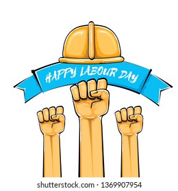 Happy labour day vector label with strong orange fist isolated on white background. vector happy labor day background with man hand. red workers may day poster
