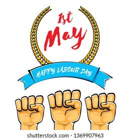 Happy labour day vector label with strong orange fist isolated on white background. vector happy labor day background with man hand. red workers may day poster