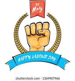 Happy labour day vector label with strong orange fist isolated on white background. vector happy labor day background with man hand. red workers may day poster