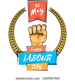 Happy labour day vector label with strong orange fist isolated on white background. vector happy labor day background with man hand. red workers may day poster