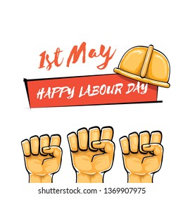 Happy labour day vector label with strong orange fist isolated on white background. vector happy labor day background with man hand. red workers may day poster