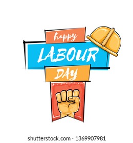 Happy labour day vector label with strong orange fist isolated on white background. vector happy labor day background with man hand. red workers may day poster