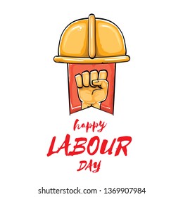 Happy labour day vector label with strong orange fist isolated on white background. vector happy labor day background with man hand. red workers may day poster